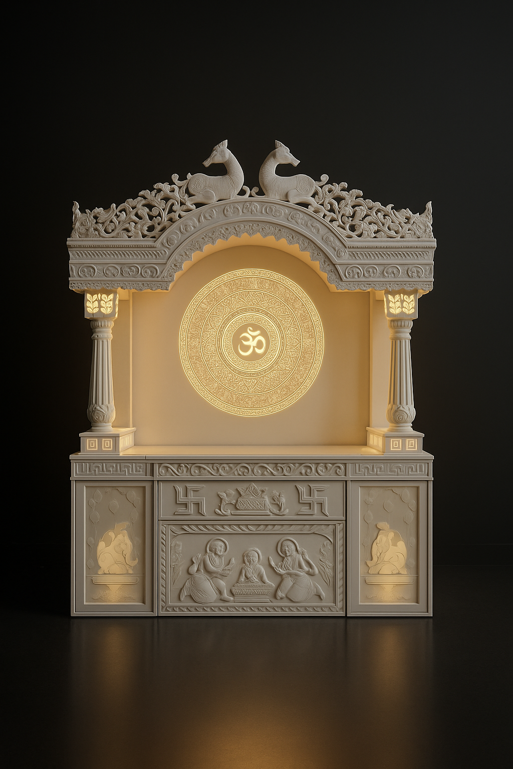 Heritage-Inspired Hand-Chiseled Corian Shrine in a dark luxury setting