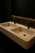 Horizon — Double-Basin Vanity in a dark luxury setting