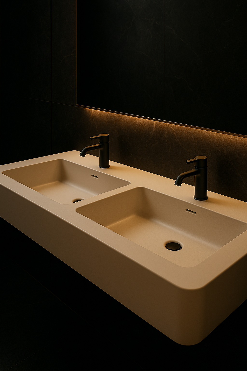 Horizon — Double-Basin Vanity in a dark luxury setting