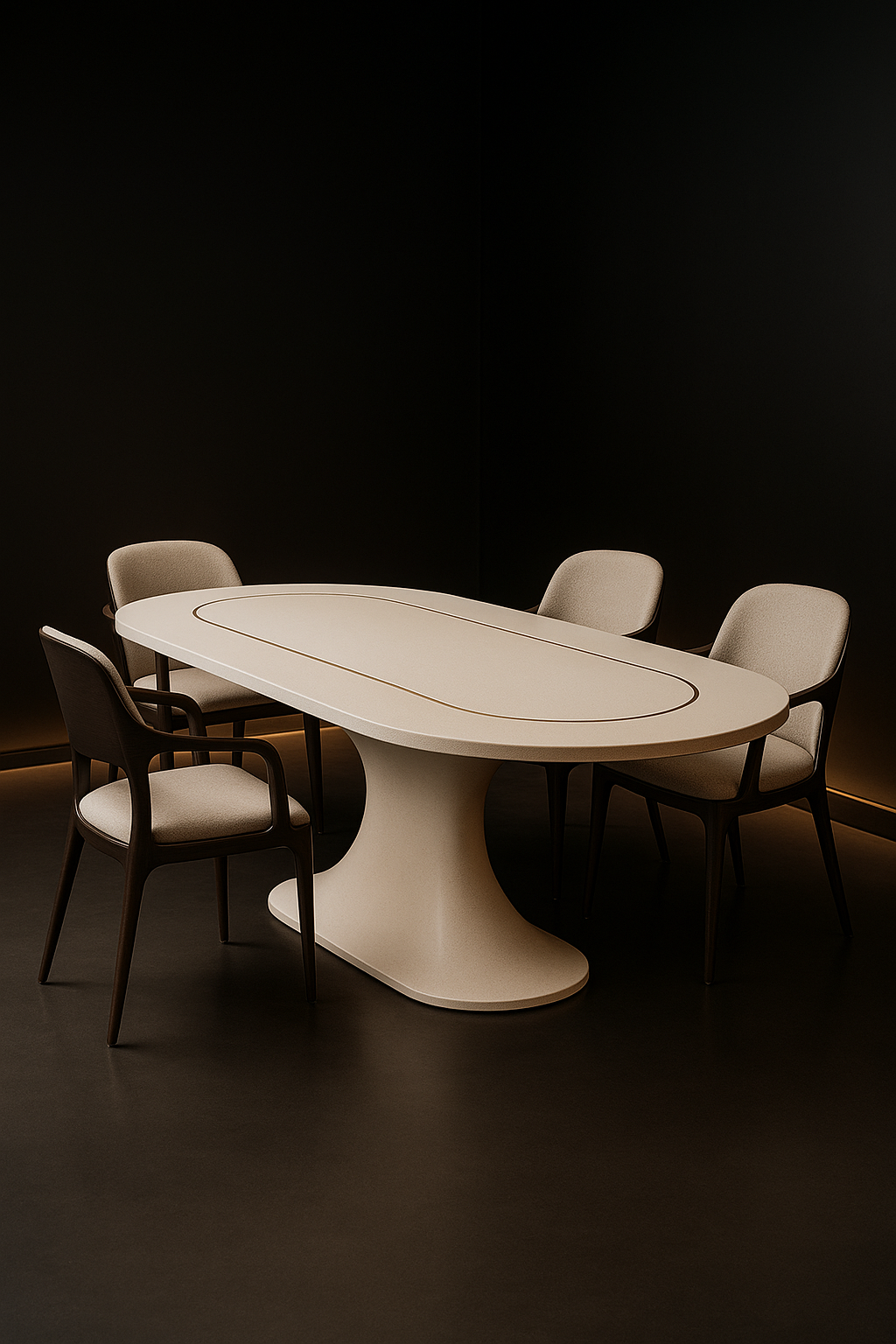 Horizon — Racetrack Corian Dining Table in a dark luxury setting