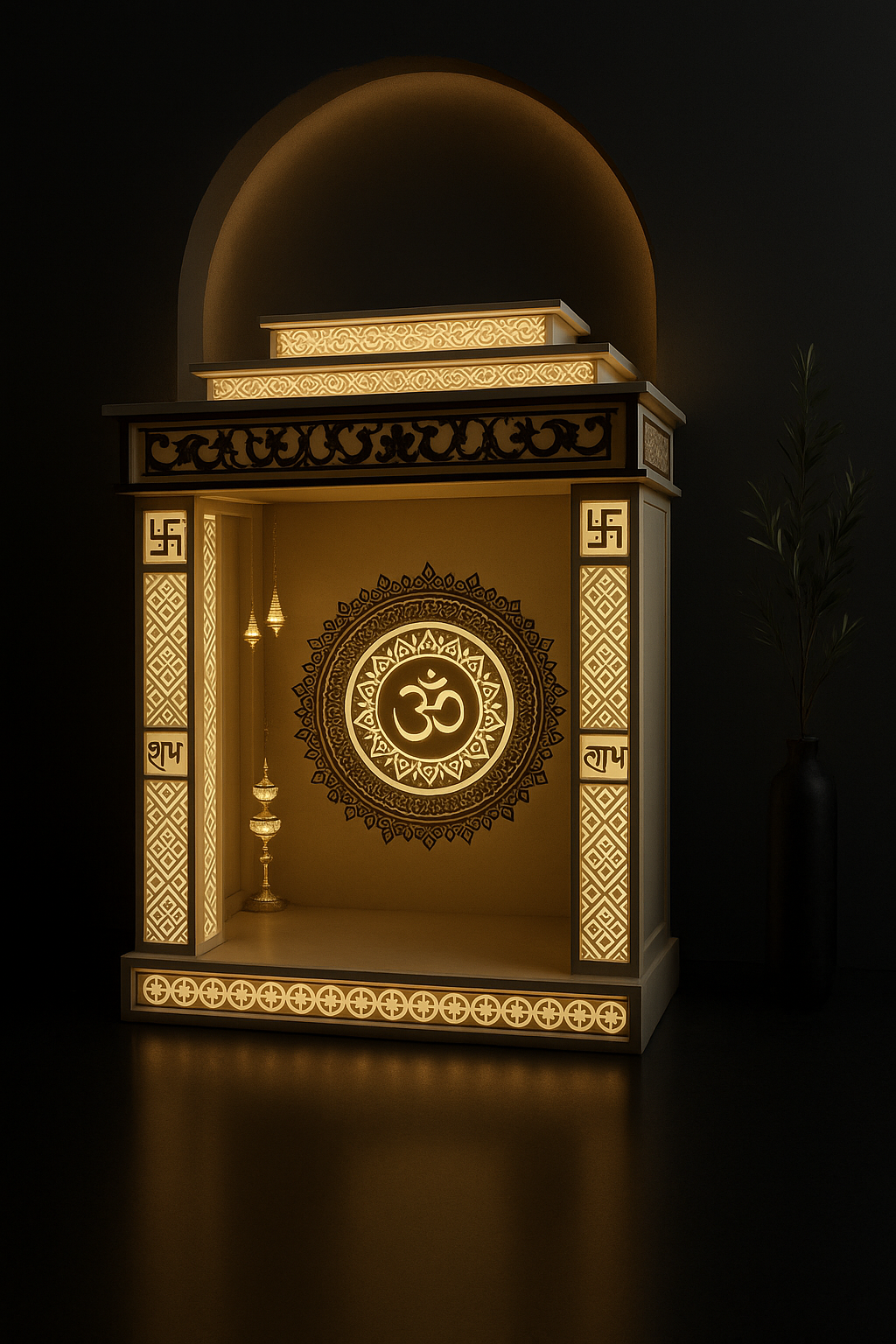 Illuminated Corian Altar with LED Pillars in a dark luxury setting