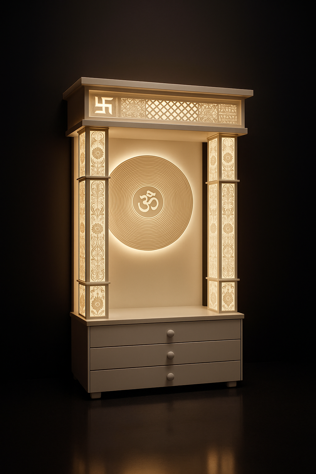 Illuminated Corian Meditation Mandala with Ripple Design in a dark luxury setting