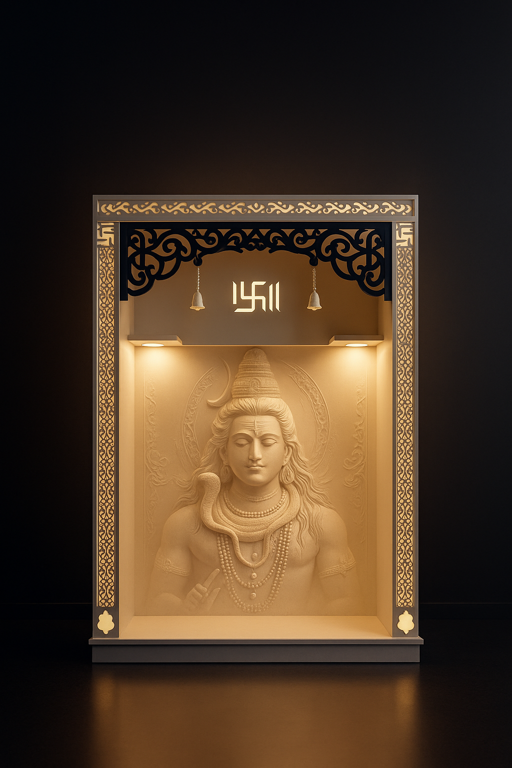 Illuminated Corian Pooja Unit with Adiyogi Carving in a dark luxury setting