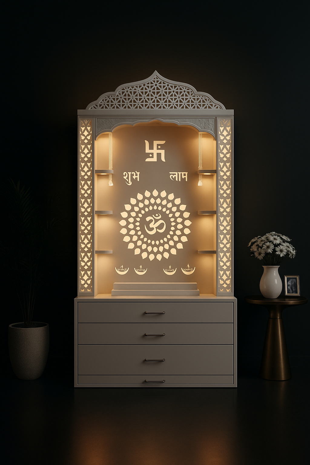 Illuminated Om Corian Sanctuary — A Contemporary Home Altar in a dark luxury setting