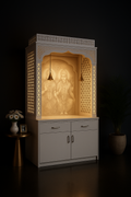 Illuminated Vishnu-Laxmi Solid-Surface Sanctuary in a dark luxury setting