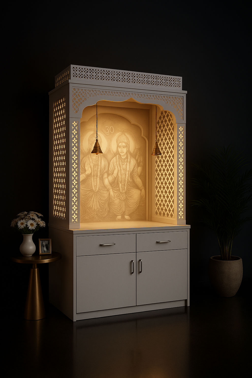 Illuminated Vishnu-Laxmi Solid-Surface Sanctuary in a dark luxury setting