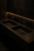Ivory Wave — Double-Basin Vanity in a dark luxury setting