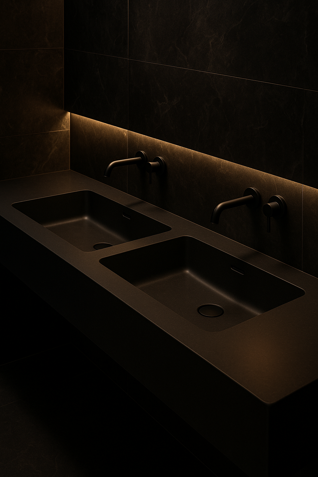 Ivory Wave — Double-Basin Vanity in a dark luxury setting