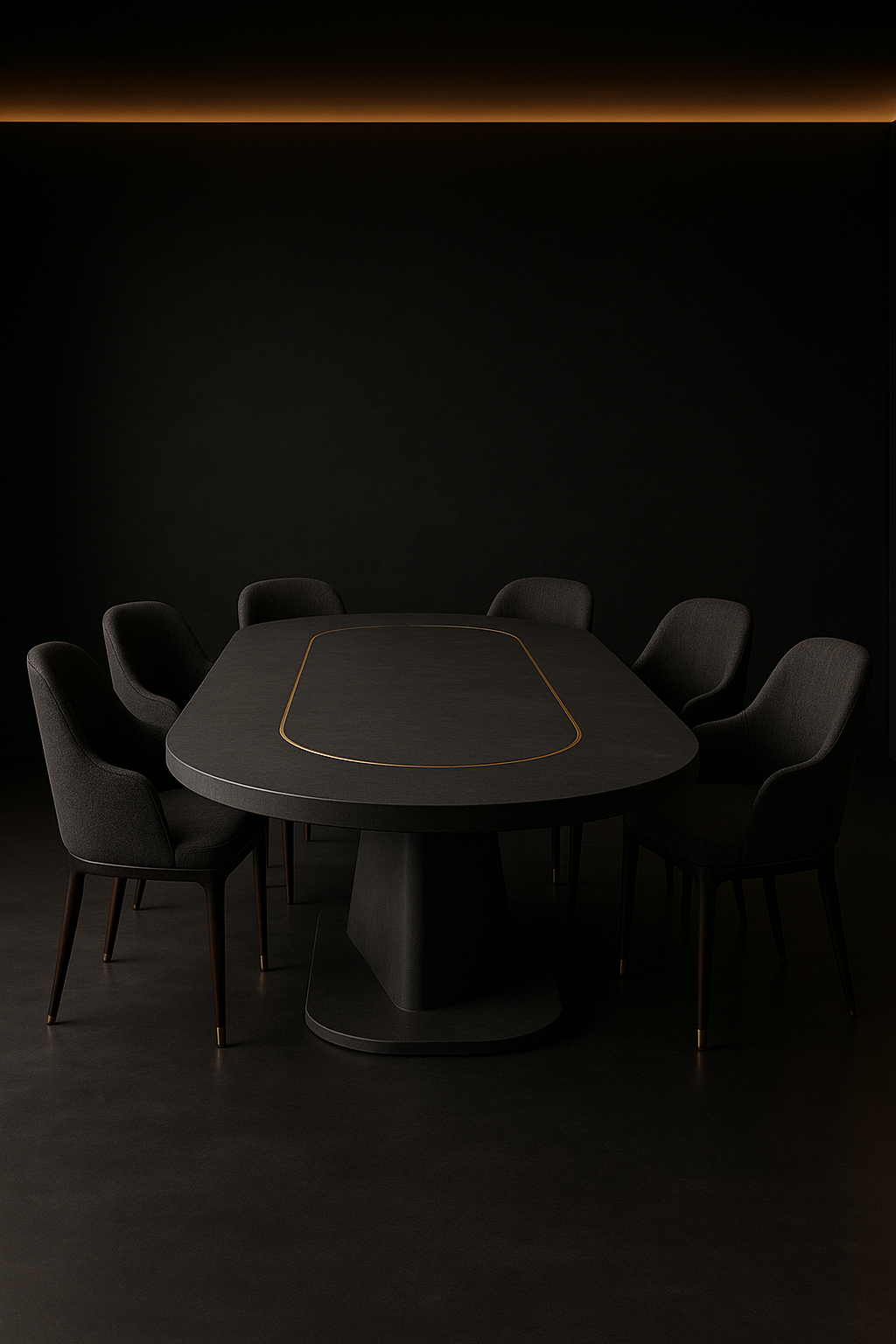 Ivory Wave — Racetrack Corian Dining Table in a dark luxury setting