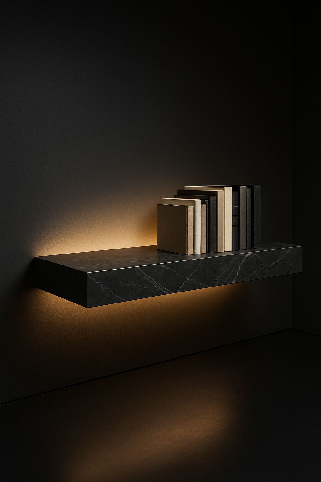 Ivory Wave — Floating Bookshelf in a dark luxury setting
