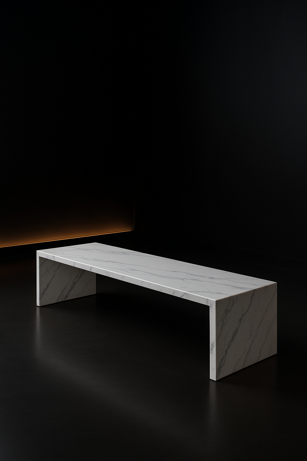 Linea — Low Media Bench in a dark luxury setting