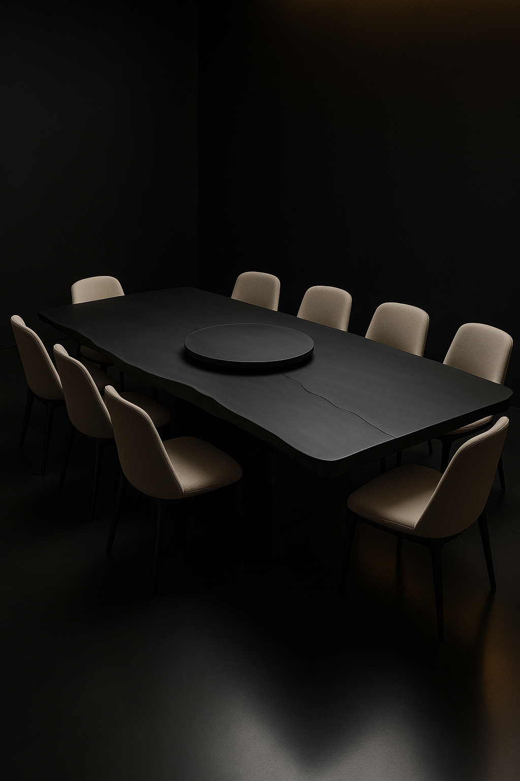 Lotus Base — Live-Edge Organic Corian Dining Table in a dark luxury setting