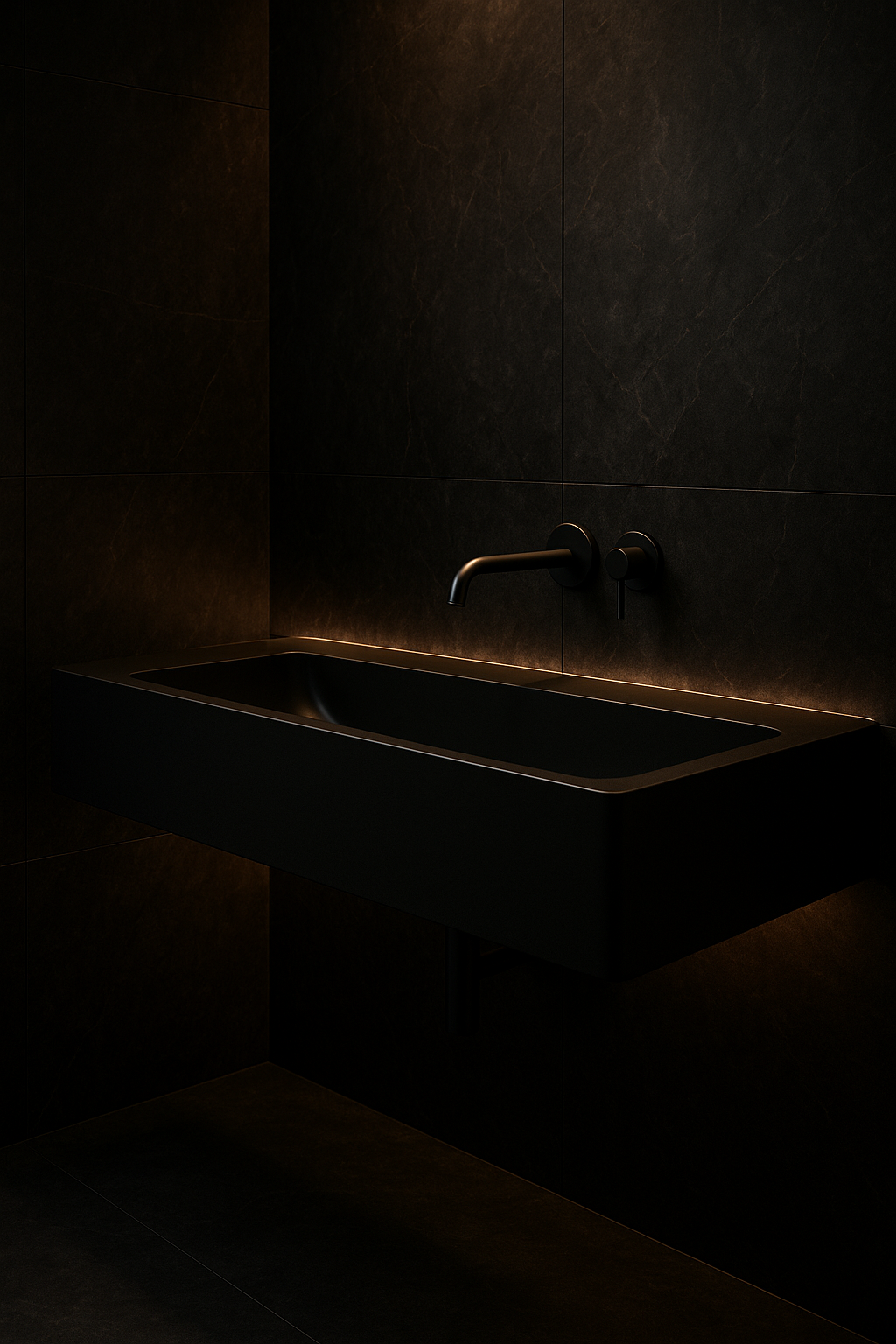 Lotus — Trough-Basin Vanity in a dark luxury setting