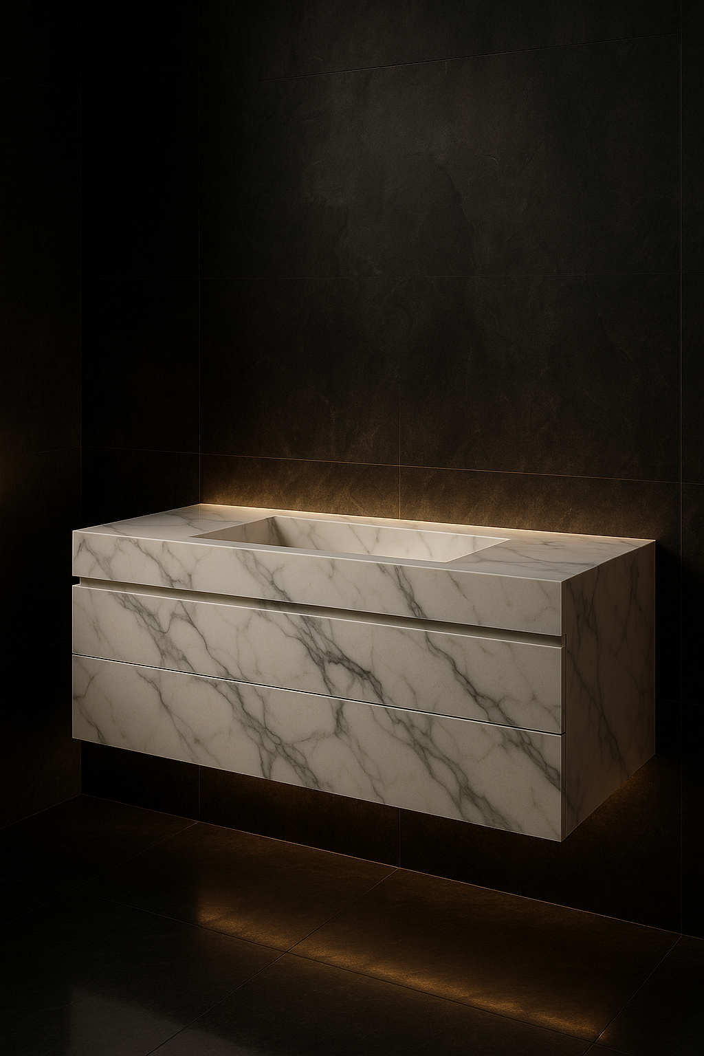 Lumina — Wall-Hung Vanity in a dark luxury setting