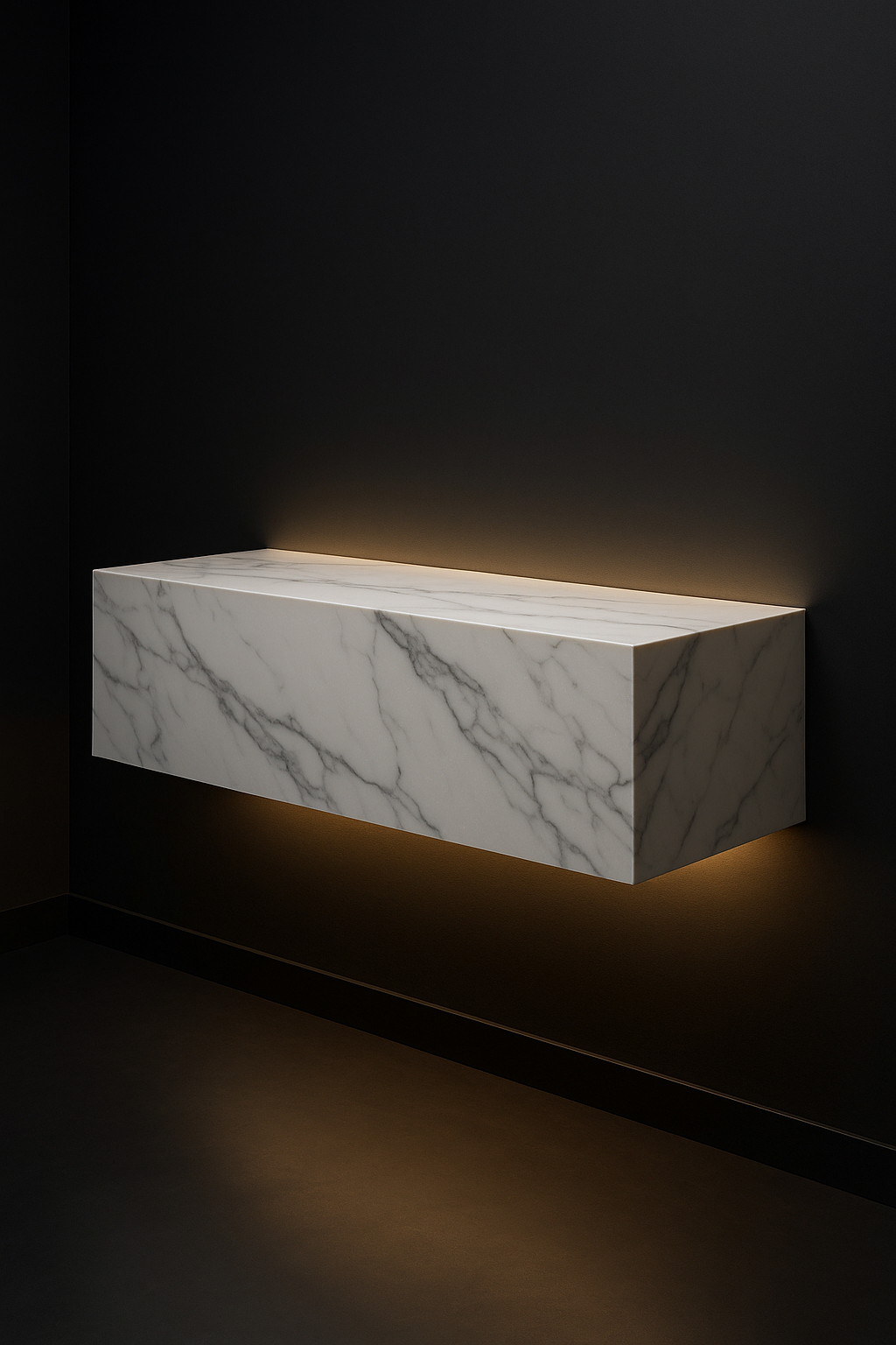 Lumina — Floating Bookshelf in a dark luxury setting