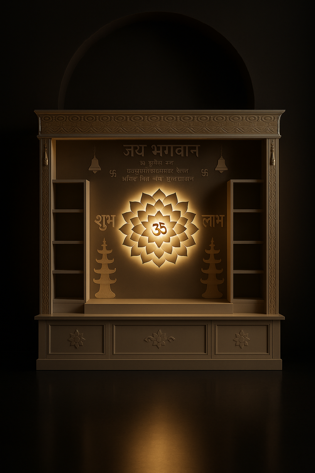 Majestic Backlit Corian Sanctuary with Intricate Arch in a dark luxury setting