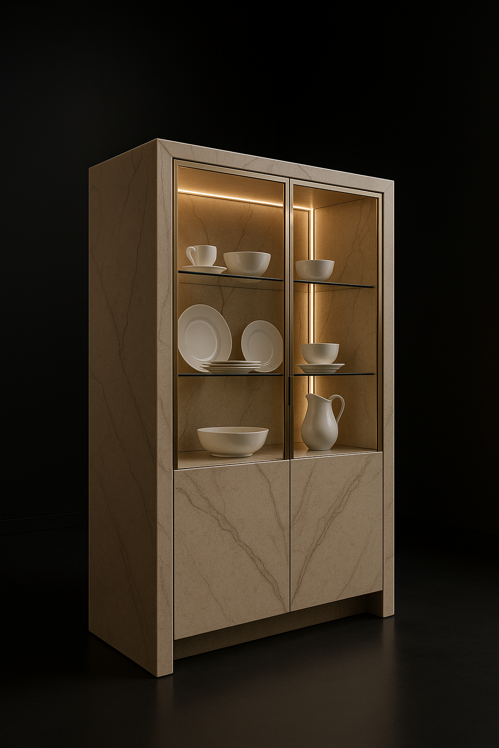 Marble Veil — Floor-Standing Crockery Cabinet in a dark luxury setting