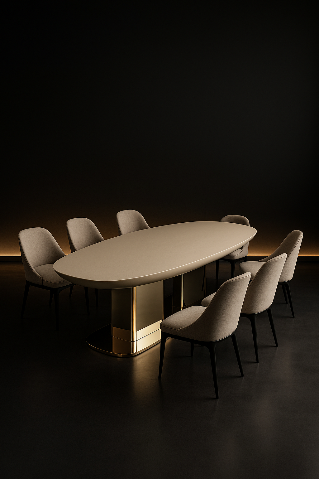 Marble Veil — Boat-Shaped Corian Dining Table in a dark luxury setting