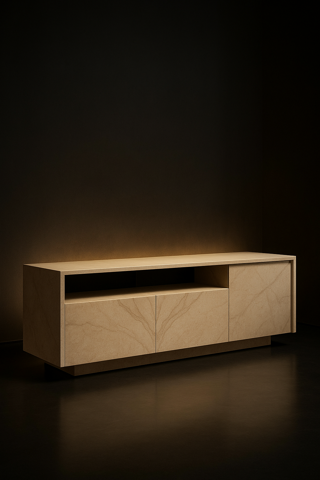 Marble Veil — Console-Media Unit in a dark luxury setting
