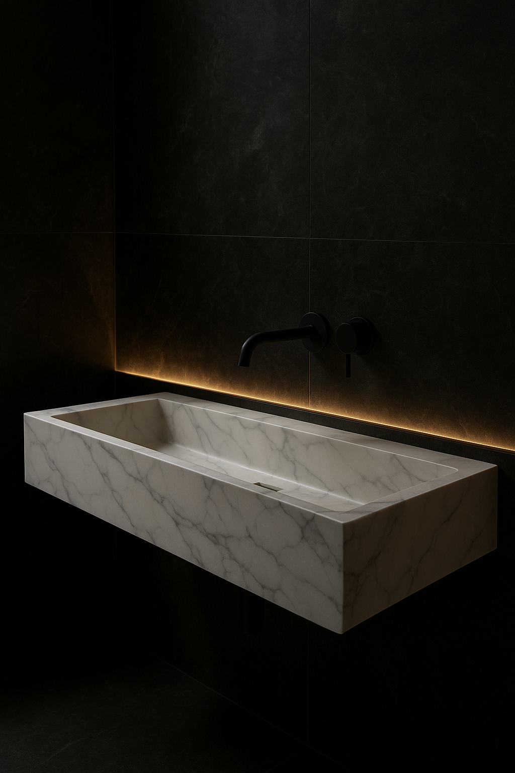 Meridian — Trough-Basin Vanity in a dark luxury setting