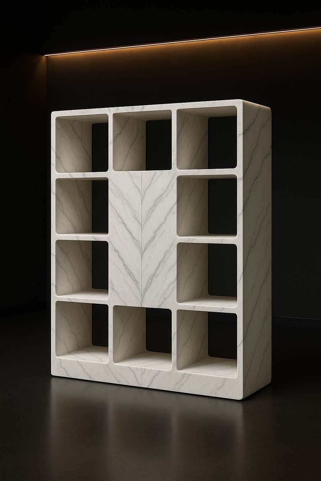 Meridian — Room-Divider Bookshelf in a dark luxury setting