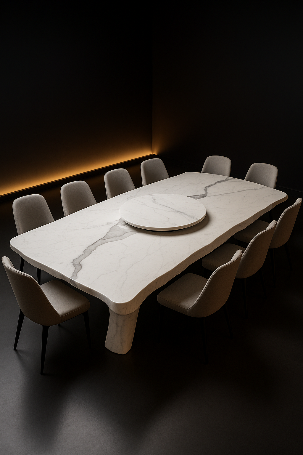 Meridian — Live-Edge Organic Corian Dining Table in a dark luxury setting