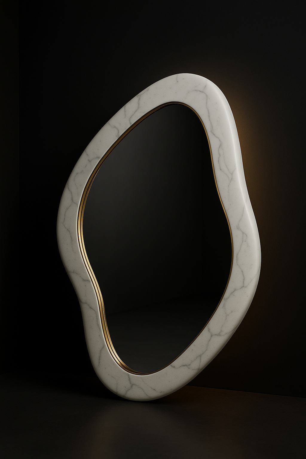 Meridian — Sculptural Asymmetric Mirror in a dark luxury setting