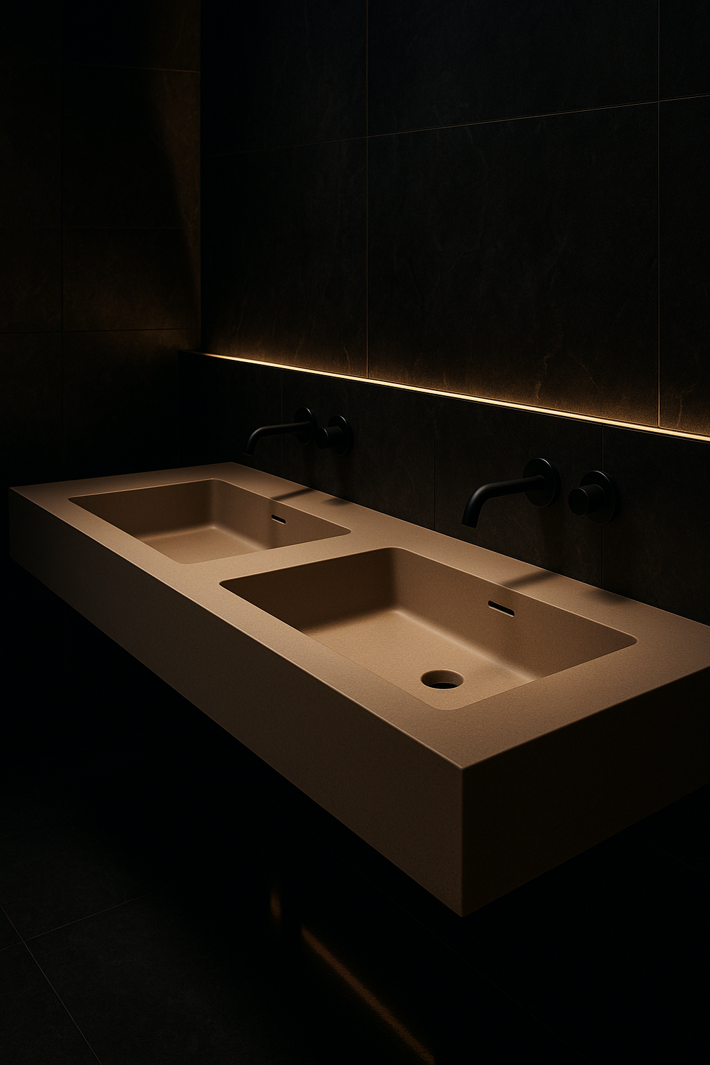 Mirage — Double-Basin Vanity in a dark luxury setting