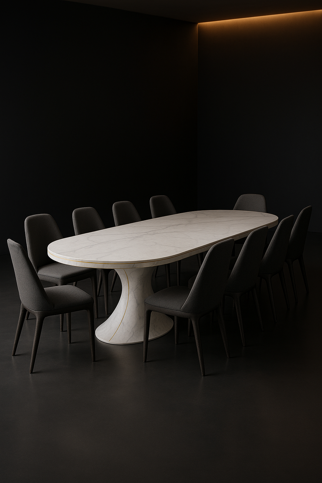 Mono Arc — Racetrack Corian Dining Table in a dark luxury setting