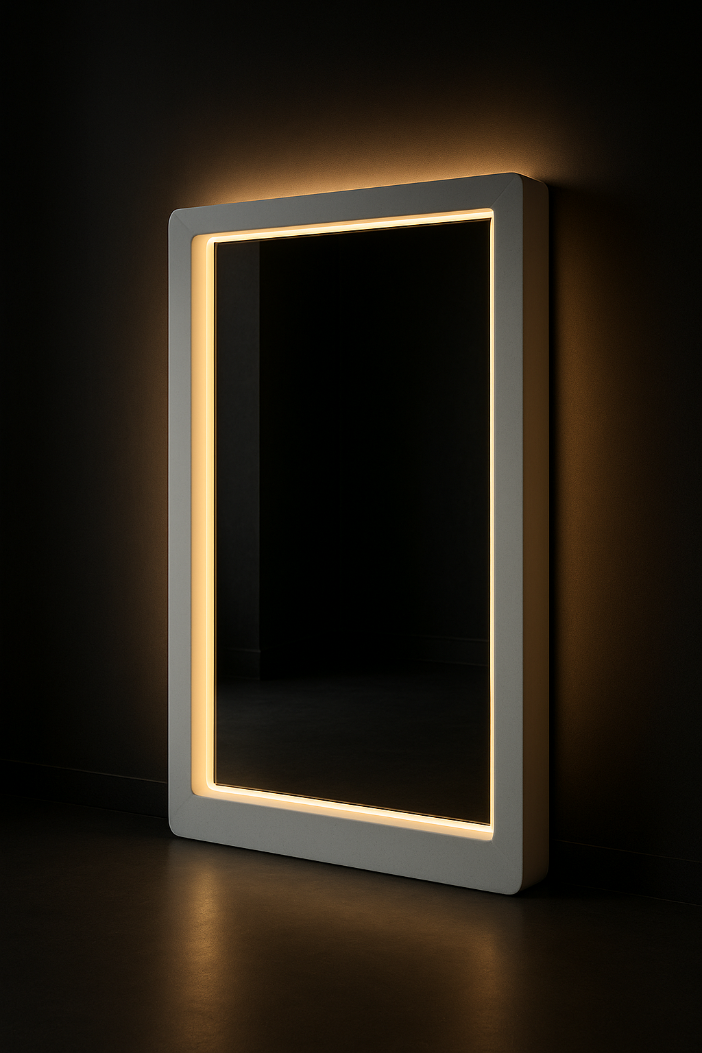 Monolith — Backlit Corian-Framed Mirror in a dark luxury setting