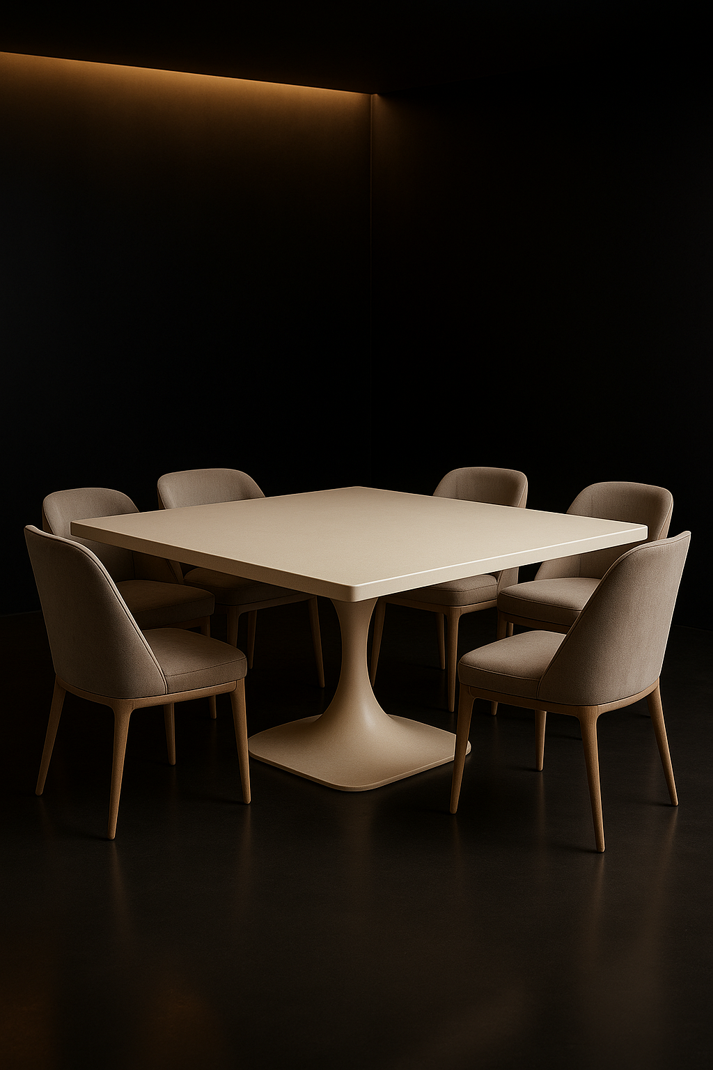 Nimbus — Square Corian Dining Table in a dark luxury setting