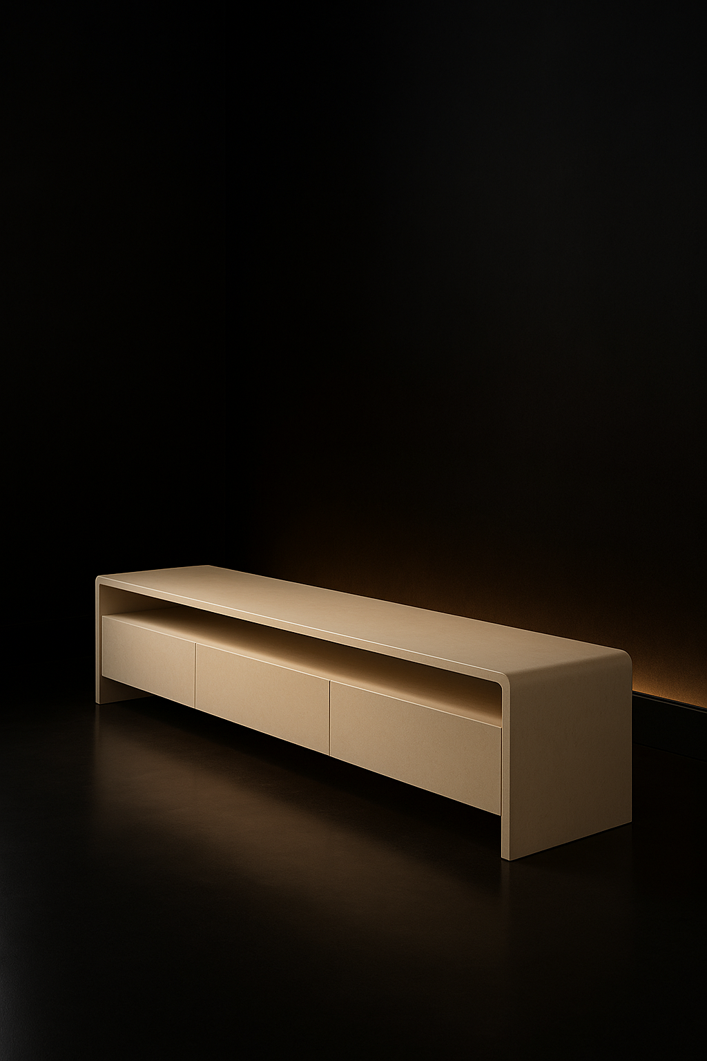 Nimbus — Low Media Bench in a dark luxury setting