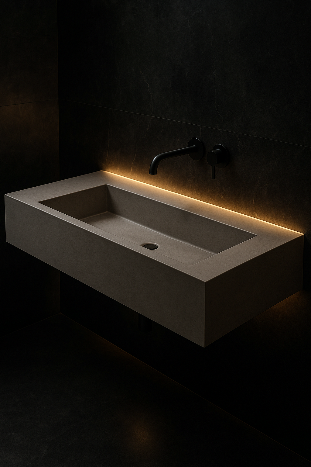 Noir — Trough-Basin Vanity in a dark luxury setting