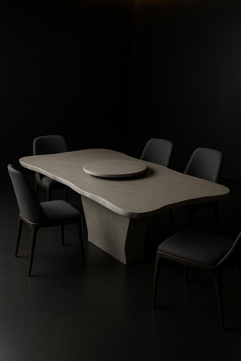 Noir — Live-Edge Organic Corian Dining Table in a dark luxury setting