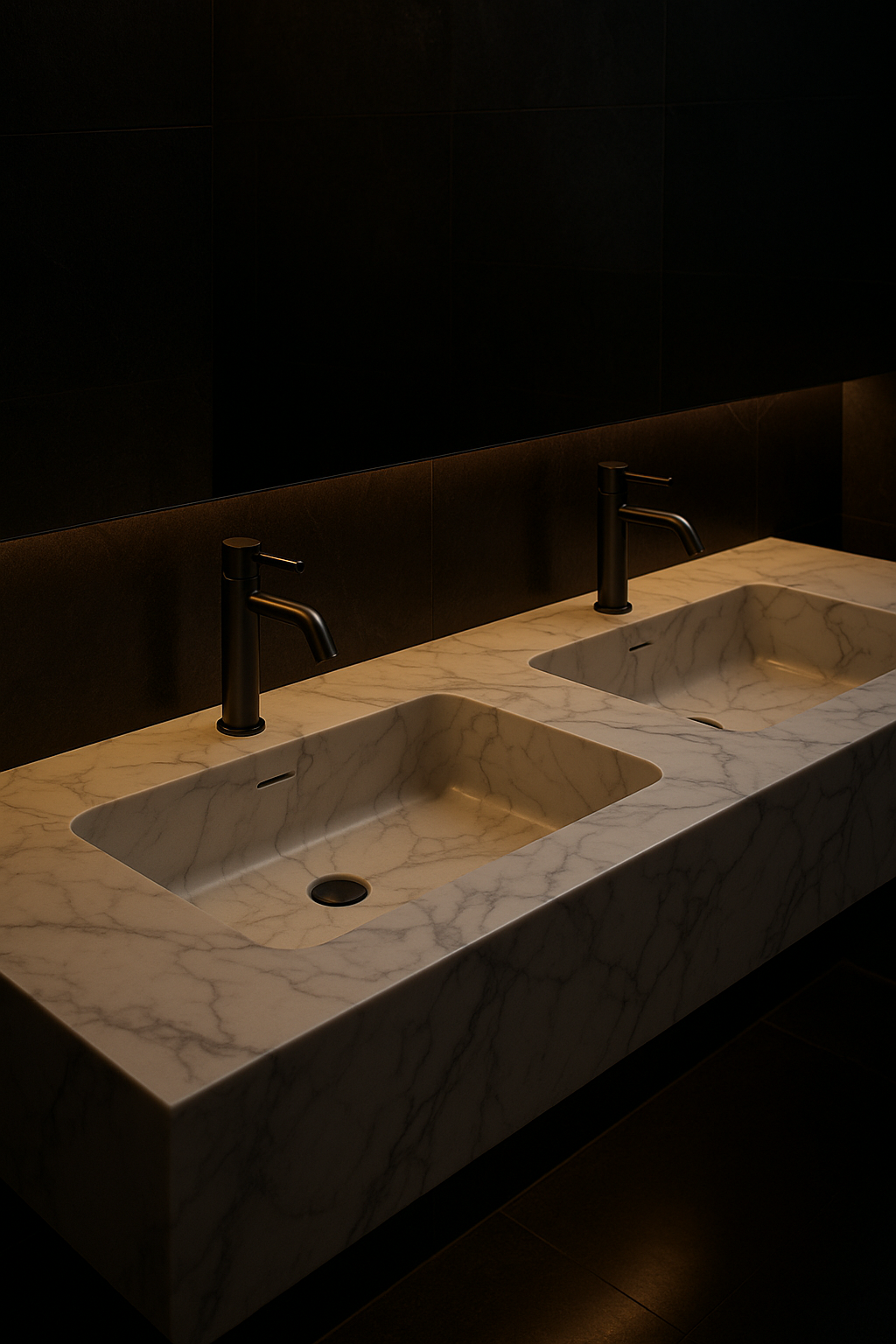 Obelisk — Double-Basin Vanity in a dark luxury setting