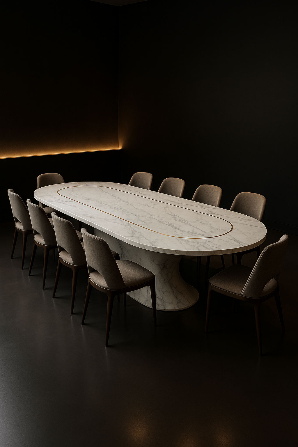 Obelisk — Racetrack Corian Dining Table in a dark luxury setting