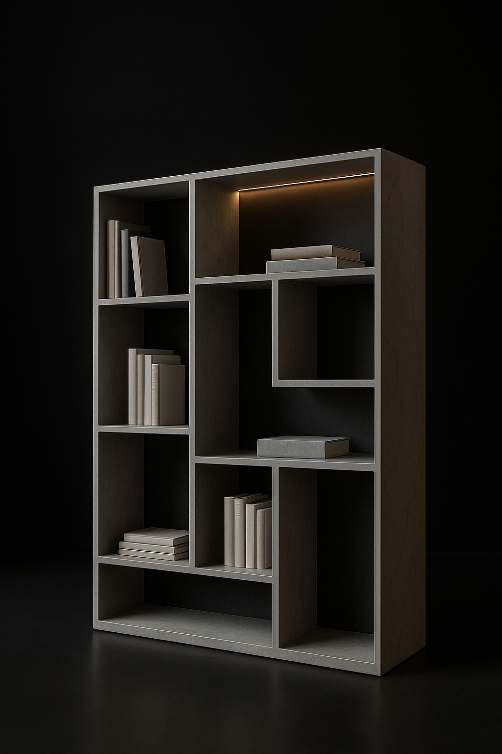 Onyx — Asymmetric Display Bookcase in a dark luxury setting