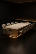 Orbit — Rectangular Corian Dining Table in a dark luxury setting