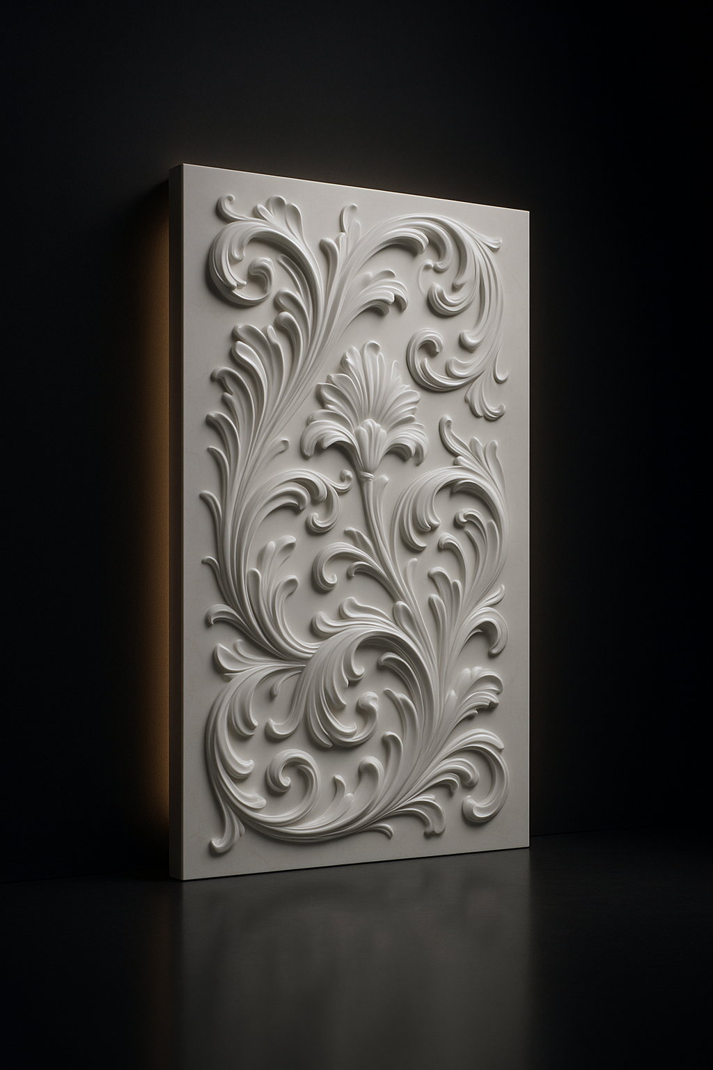 Pearl — Carved Wall Relief Panel in a dark luxury setting