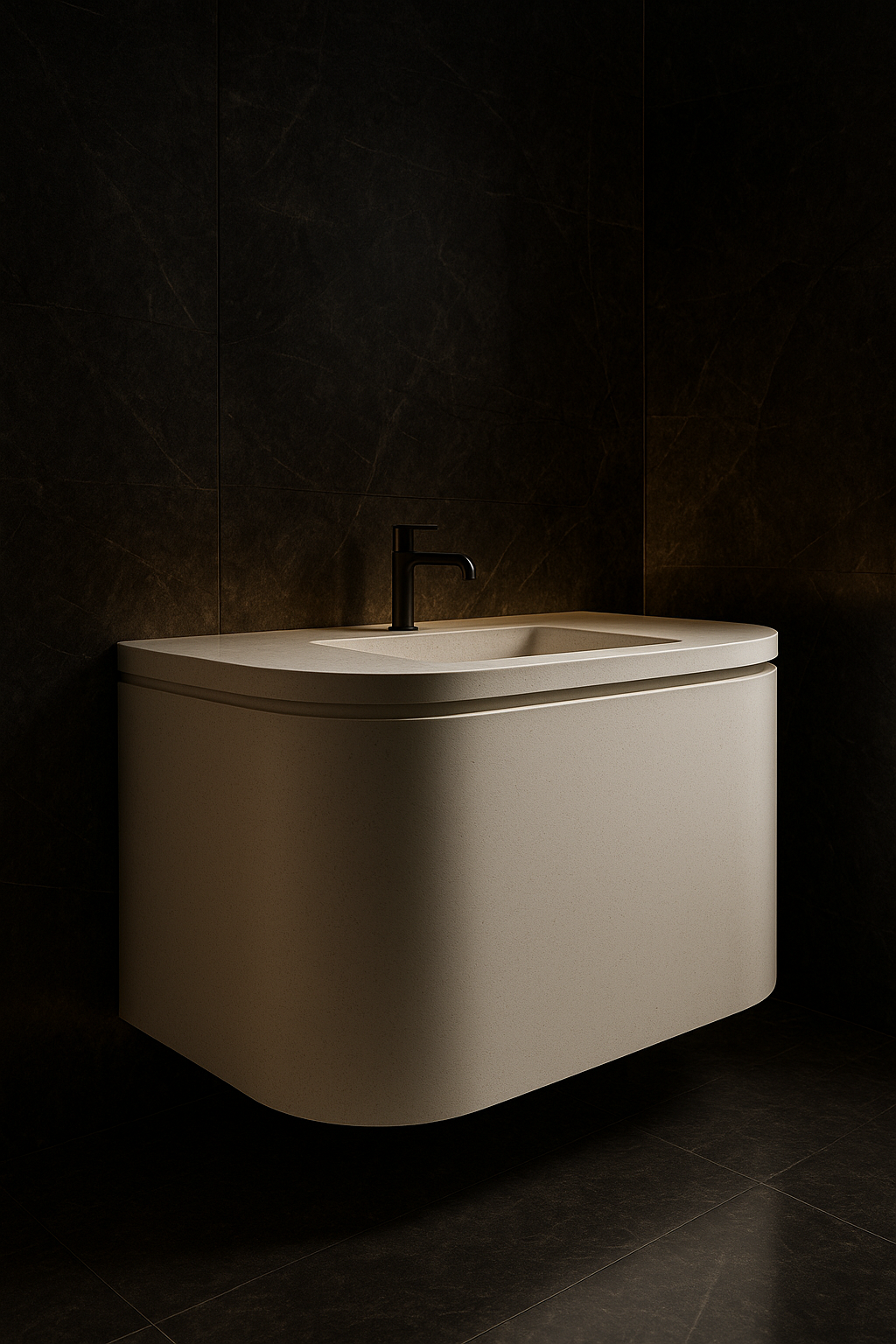 Pearl — Curved-Front Vanity in a dark luxury setting