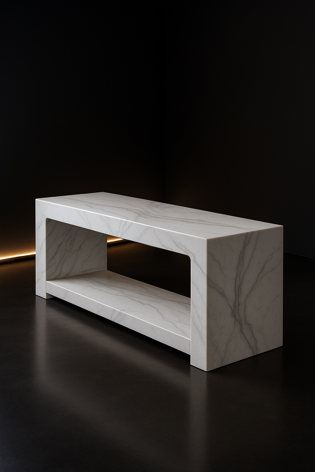 Pearl — Bench Console in a dark luxury setting