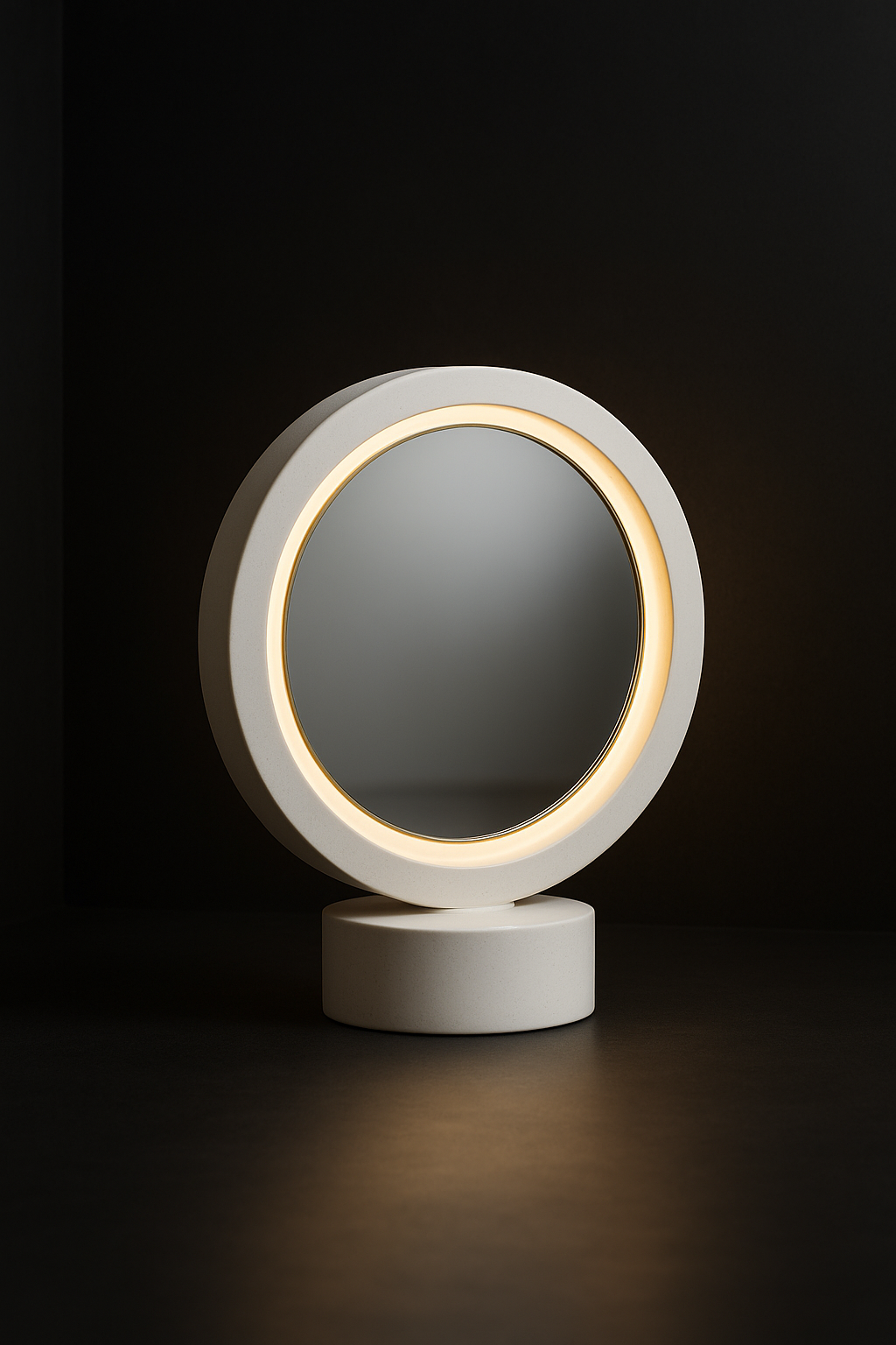 Pearl — Round LED Vanity Mirror in a dark luxury setting