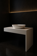Petal — Vessel-Basin Counter Vanity in a dark luxury setting