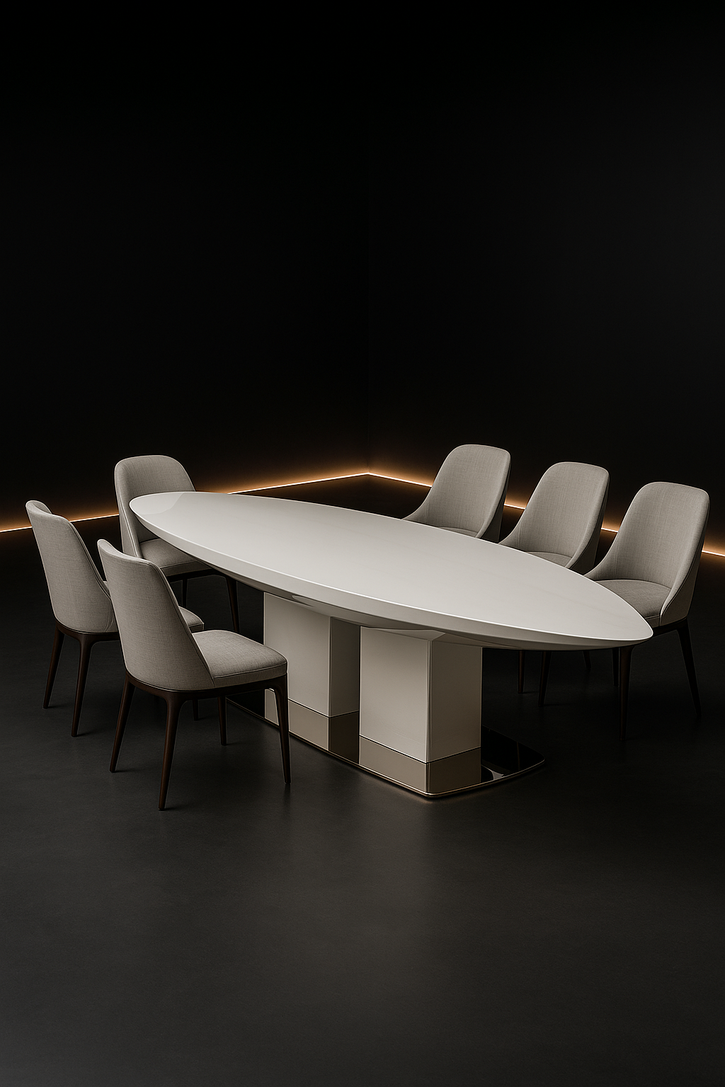 Petal — Boat-Shaped Corian Dining Table in a dark luxury setting