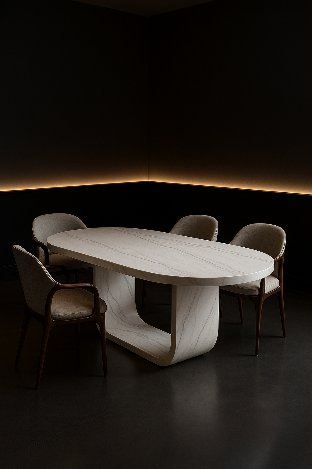 Plinth — Oval Corian Dining Table in a dark luxury setting