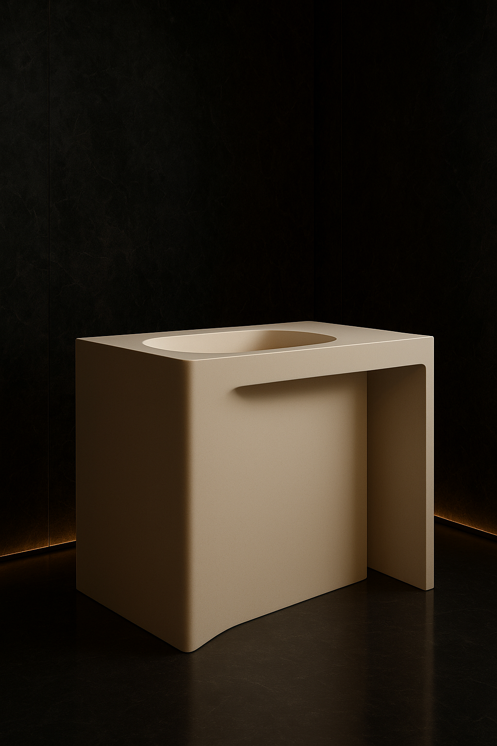 Quartz — Vessel-Basin Counter Vanity in a dark luxury setting