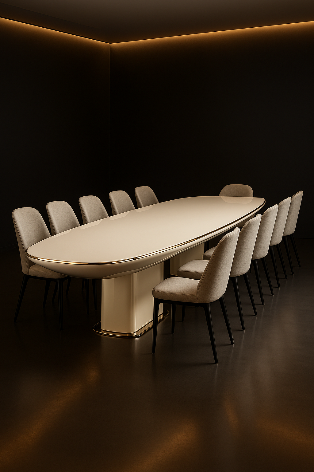 Quartz — Boat-Shaped Corian Dining Table in a dark luxury setting