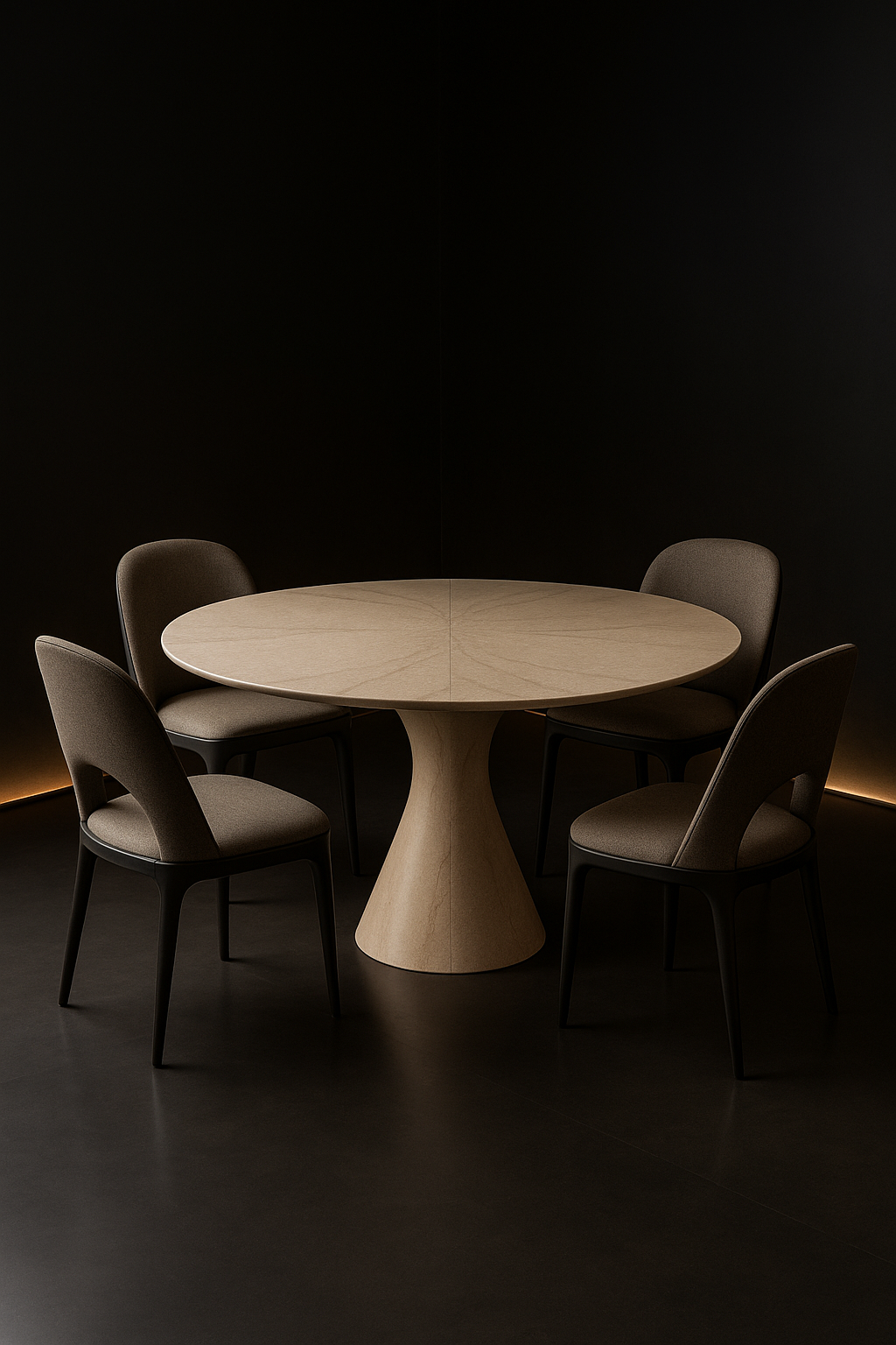 Ridge — Round Corian Dining Table in a dark luxury setting