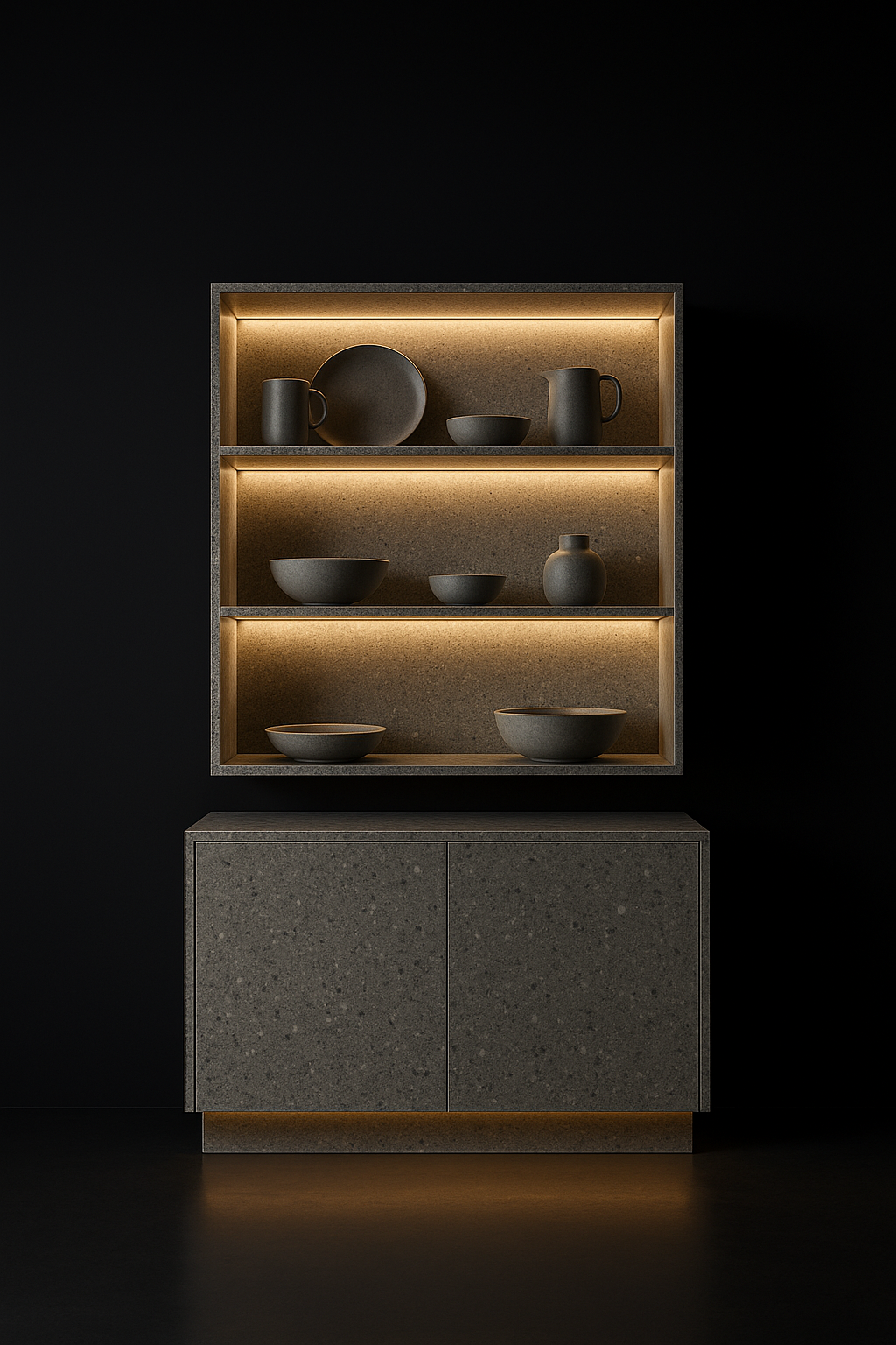 Sable — Wall And Base Crockery Unit in a dark luxury setting