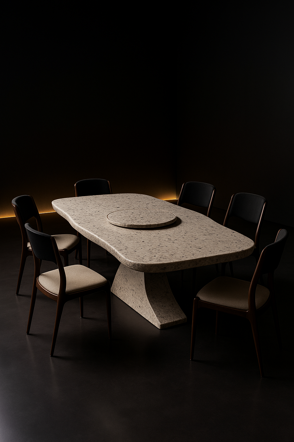 Sable — Live-Edge Organic Corian Dining Table in a dark luxury setting